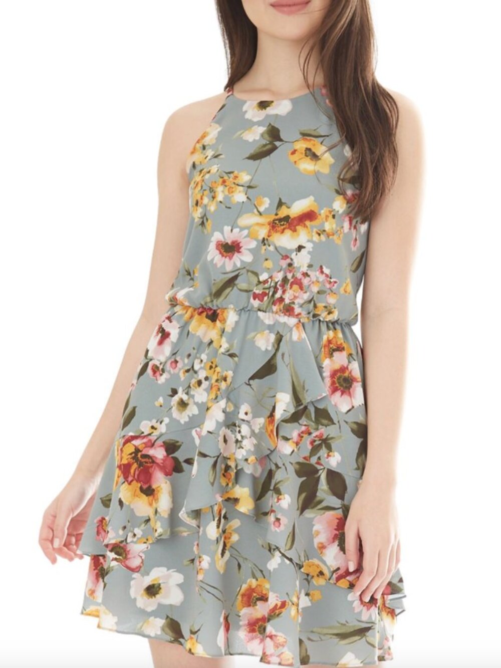 IZ BYER Green Pink Mustard Floral Ruffle Halter Mini Dress Party Wedding JUNIORS